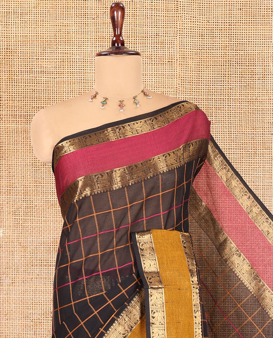 Black Checked Chettinad Cotton Saree, Complemented by Contrast Rettai Pettu Granga-Jamuna Border, Jaal Pallu, and a Matching Blouse
