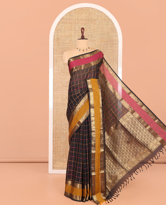 Black Checked Chettinad Cotton Saree, Complemented by Contrast Rettai Pettu Granga-Jamuna Border, Jaal Pallu, and a Matching Blouse
