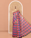 Blue-Pink Checked Khadi Mul Cotton Saree, a Subtle Kolam Zari Buttas Border, a Self-Pallu, and a Matching Blouse