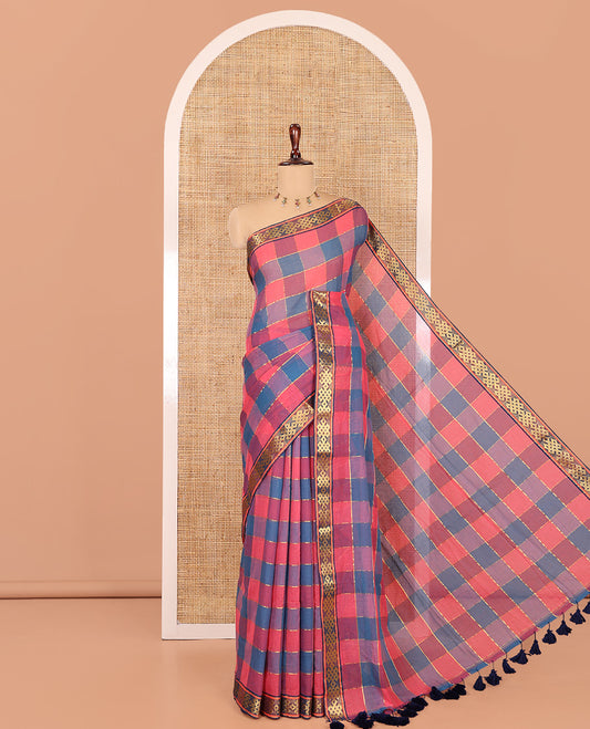 Blue-Pink Checked Khadi Mul Cotton Saree, a Subtle Kolam Zari Buttas Border, a Self-Pallu, and a Matching Blouse