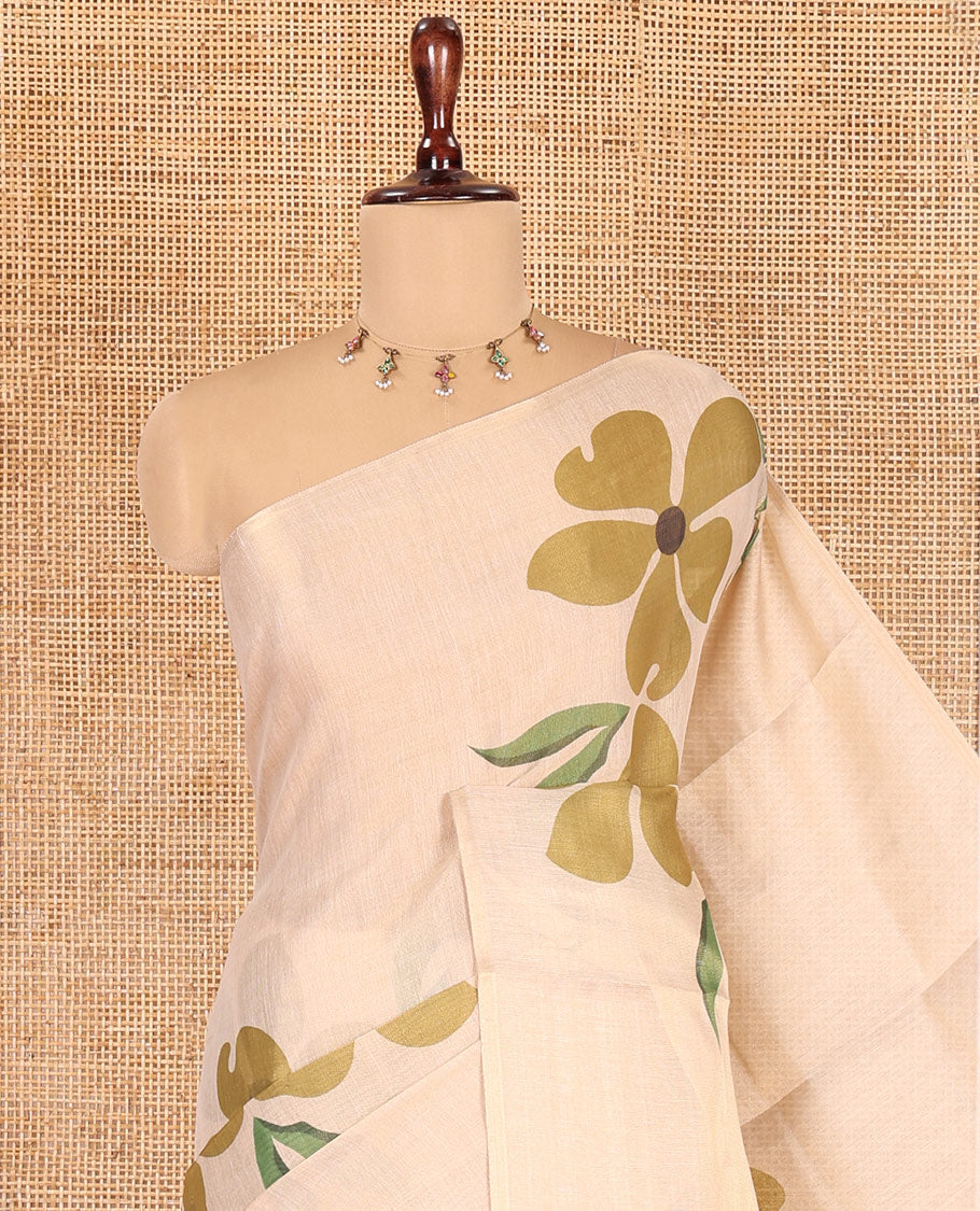Borderless Cream-Olive Green Tissue Saree Features Floral Print, a Floral Printed Pallu, and a Contrast Blouse