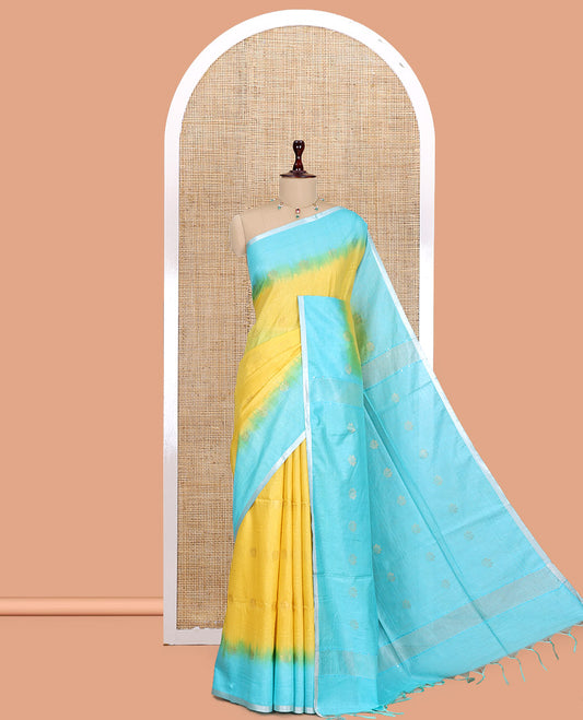 Yellow Bhagalpur Cotton Saree, Subtly Sparkled with Buttas, a Contrast Butta Border, and a Contrast Blouse