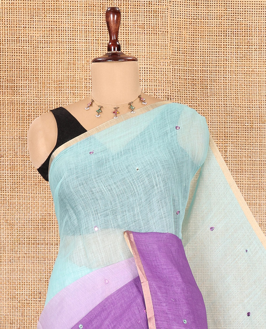 Purple Linen Cotton Saree Features Ombre-Style Dyed and Mirrorwork, a Subtle Piping Border, and a Matching Blouse