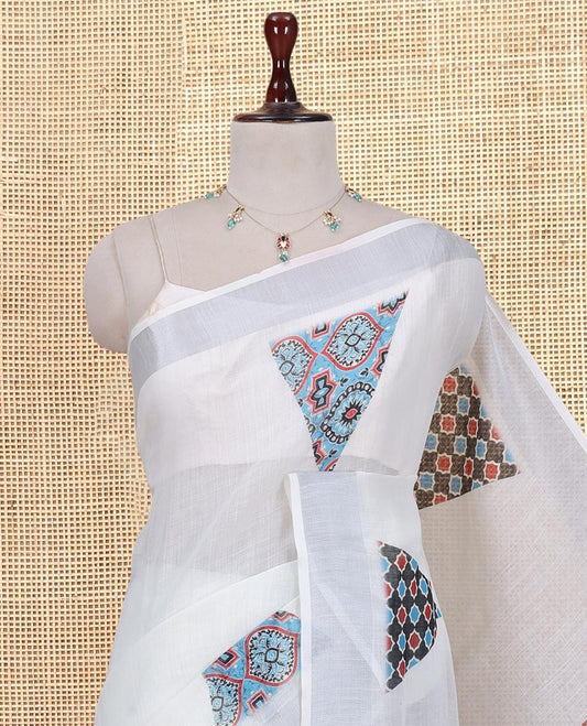Cream Linen Cotton Saree, Gleamed Up with Triangle Motifs Print, a Zari Border, Printed Pallu, and a Contrast Blouse