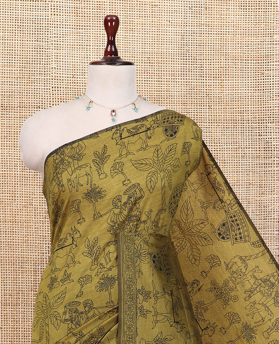 Borderless Mustard South Cotton Saree Features Traditional Village-Theme Print, and a Matching Blouse