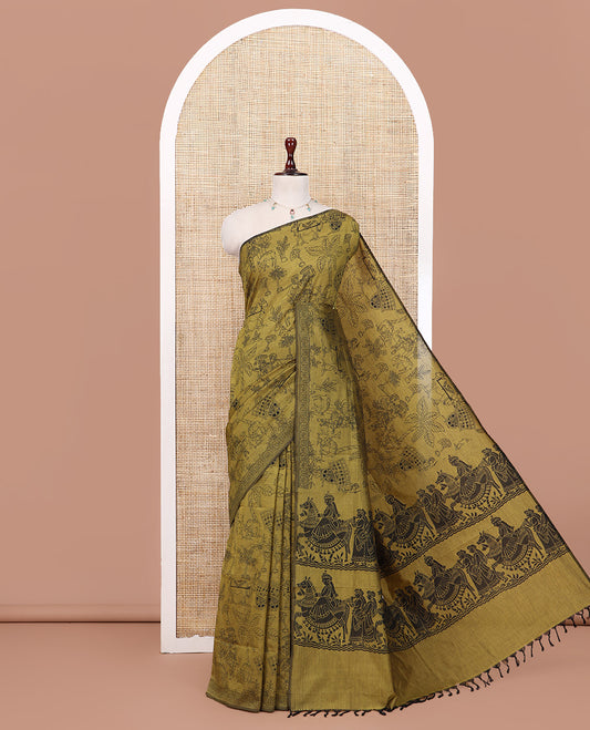 Borderless Mustard South Cotton Saree Features Traditional Village-Theme Print, and a Matching Blouse