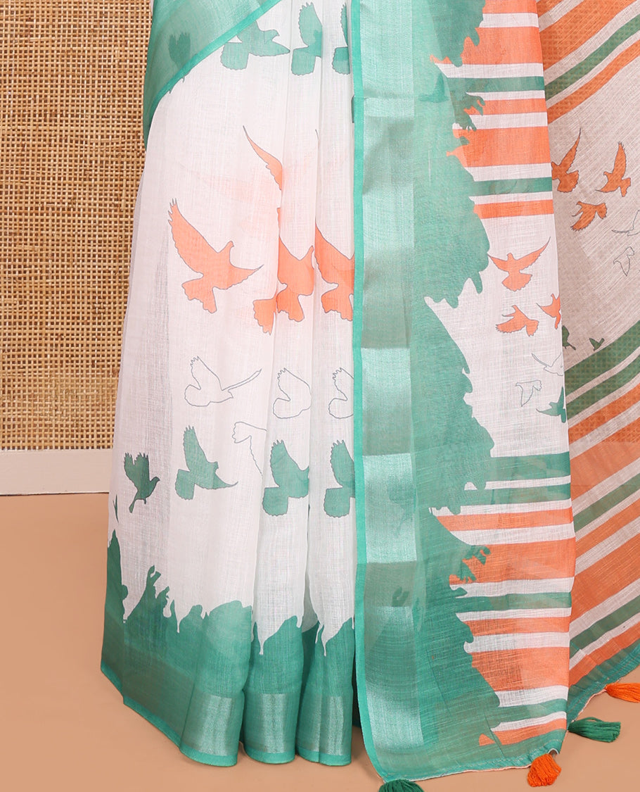 White Linen Cotton Saree Features Indian-National Flag-Themed Dove Buttas, a Contrast Ganga-Jamuna Border, Contrast Blouse