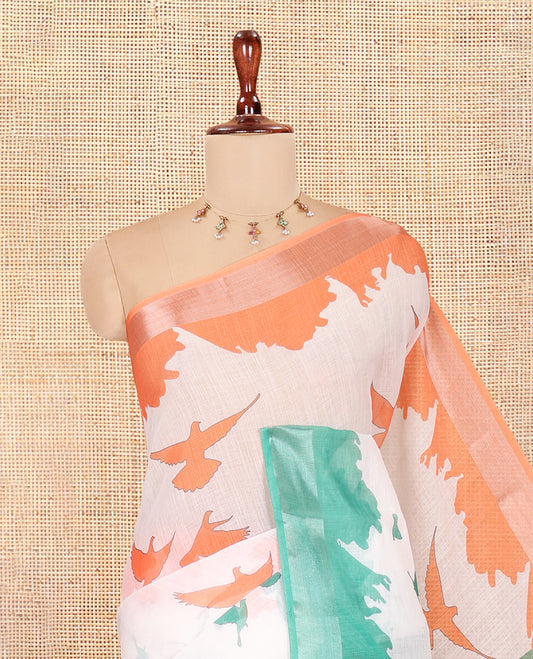 White Linen Cotton Saree Features Indian-National Flag-Themed Dove Buttas, a Contrast Ganga-Jamuna Border, Contrast Blouse