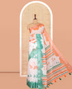 White Linen Cotton Saree Features Indian-National Flag-Themed Dove Buttas, a Contrast Ganga-Jamuna Border, Contrast Blouse