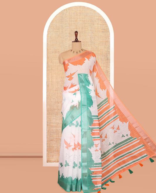 White Linen Cotton Saree Features Indian-National Flag-Themed Dove Buttas, a Contrast Ganga-Jamuna Border, Contrast Blouse