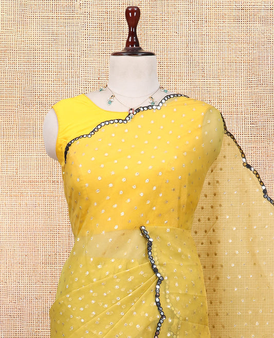 Yellow Shimmer Chiffon Saree, Steeped with Buttas, a Scallop Mirror Work Border, and a Matching Blouse
