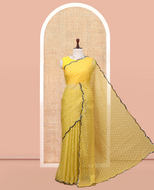 Yellow Shimmer Chiffon Saree, Steeped with Buttas, a Scallop Mirror Work Border, and a Matching Blouse