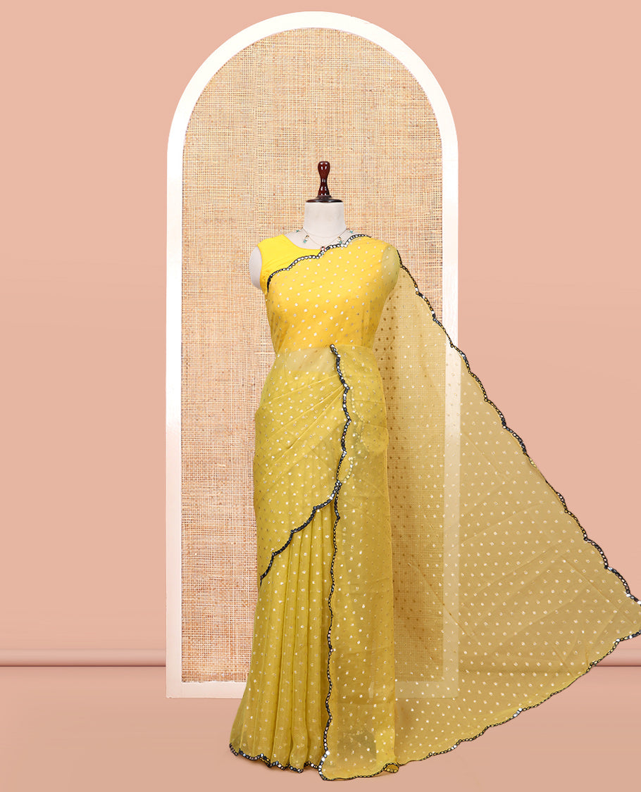 Yellow Shimmer Chiffon Saree, Steeped with Buttas, a Scallop Mirror Work Border, and a Matching Blouse