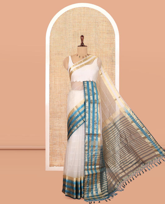 Off-White-Blue Horizontal Striped Semi-Organza Saree, a Contrast Traditional Zari Border, Striped Pallu, and a Contrast Blouse