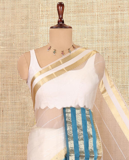 Off-White-Blue Horizontal Striped Semi-Organza Saree, a Contrast Traditional Zari Border, Striped Pallu, and a Contrast Blouse