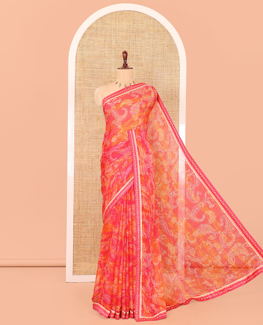 Rani Pink Chiffon Saree, Steeped in Richness of Paisleys, a Subtle Border, a Contrast Blouse