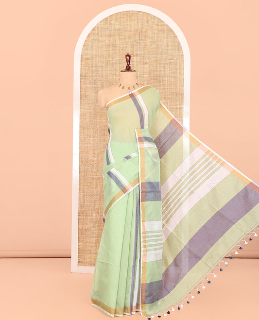 Green Khadi Cotton Saree, Adorned with Stripes, a Subtle Border, Striped Pallu, and Plain Blouse