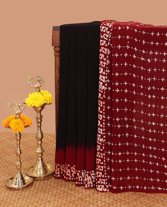 Black with maroon georgette saree with pathick print border & pathick design pallu along with pathick print blouse