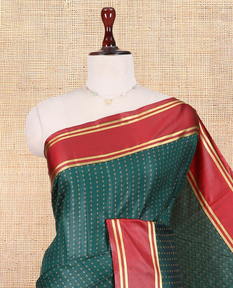 Bottle Green Semi-Soft Silk Saree Steeped with Plus-Shaped Buttas, Contrast Border, and a Matching Blouse