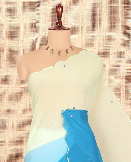 Blue-Parrot Green Chiffon Saree Features Ombre-Dye and Mirrorwork, Scallop Border, and a Matching Blouse