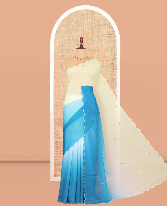 Blue-Parrot Green Chiffon Saree Features Ombre-Dye and Mirrorwork, Scallop Border, and a Matching Blouse