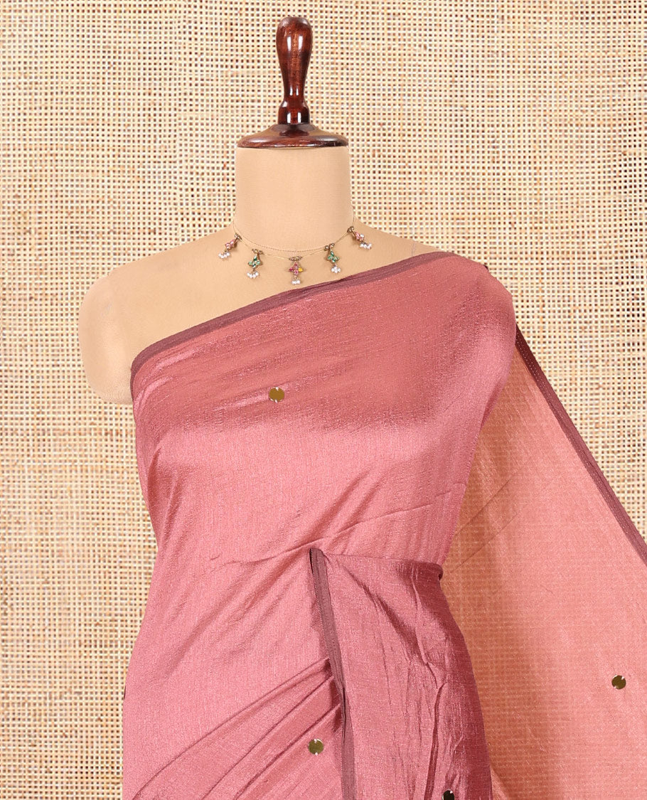 Borderless Onion Pink Vichitra Saree Features Gleaming Sequin Work, and a Matching Blouse