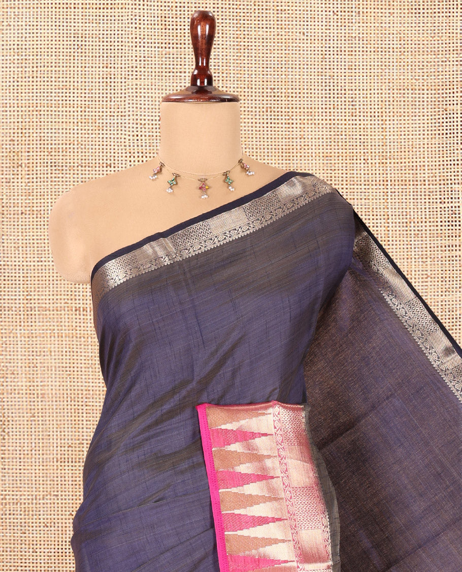 Navy Plain Semi-Tussar Saree, Contrast Traditional Temple Border, Striped Pallu, Contrast Blouse