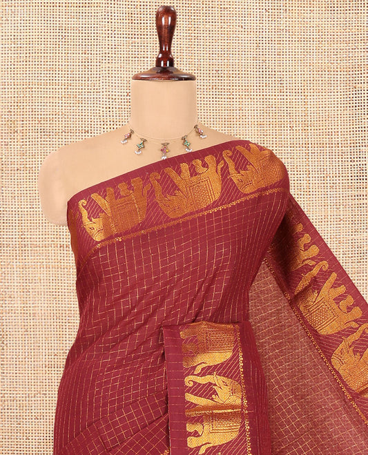 Maroon Checked Sungudi Cotton Saree, an Elephant Zari Border, and a Matching Blouse