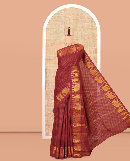 Maroon Checked Sungudi Cotton Saree, an Elephant Zari Border, and a Matching Blouse