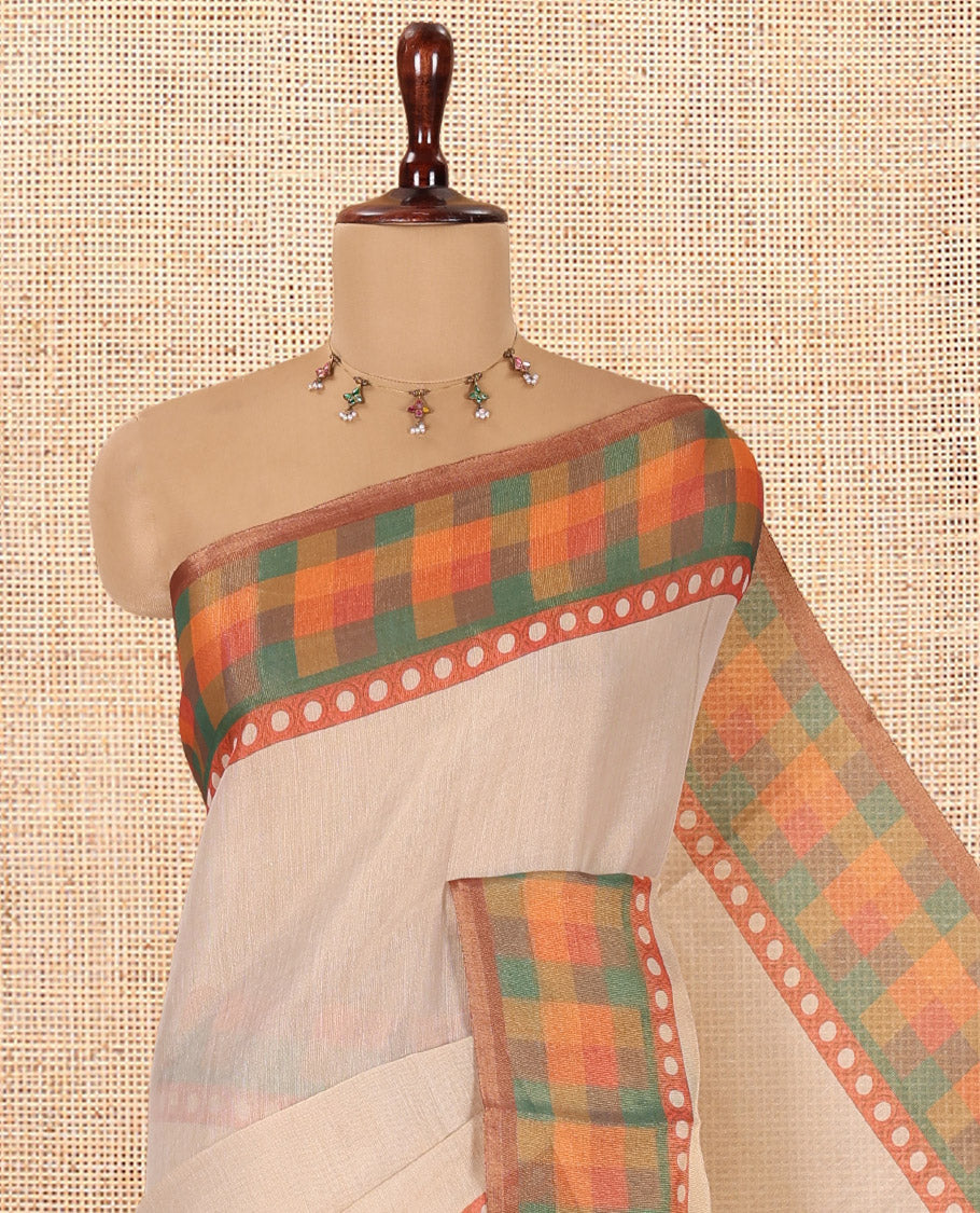 Gold Plain Tissue Saree, Contrast Multi-Color Checked Border, and a Contrast Blouse