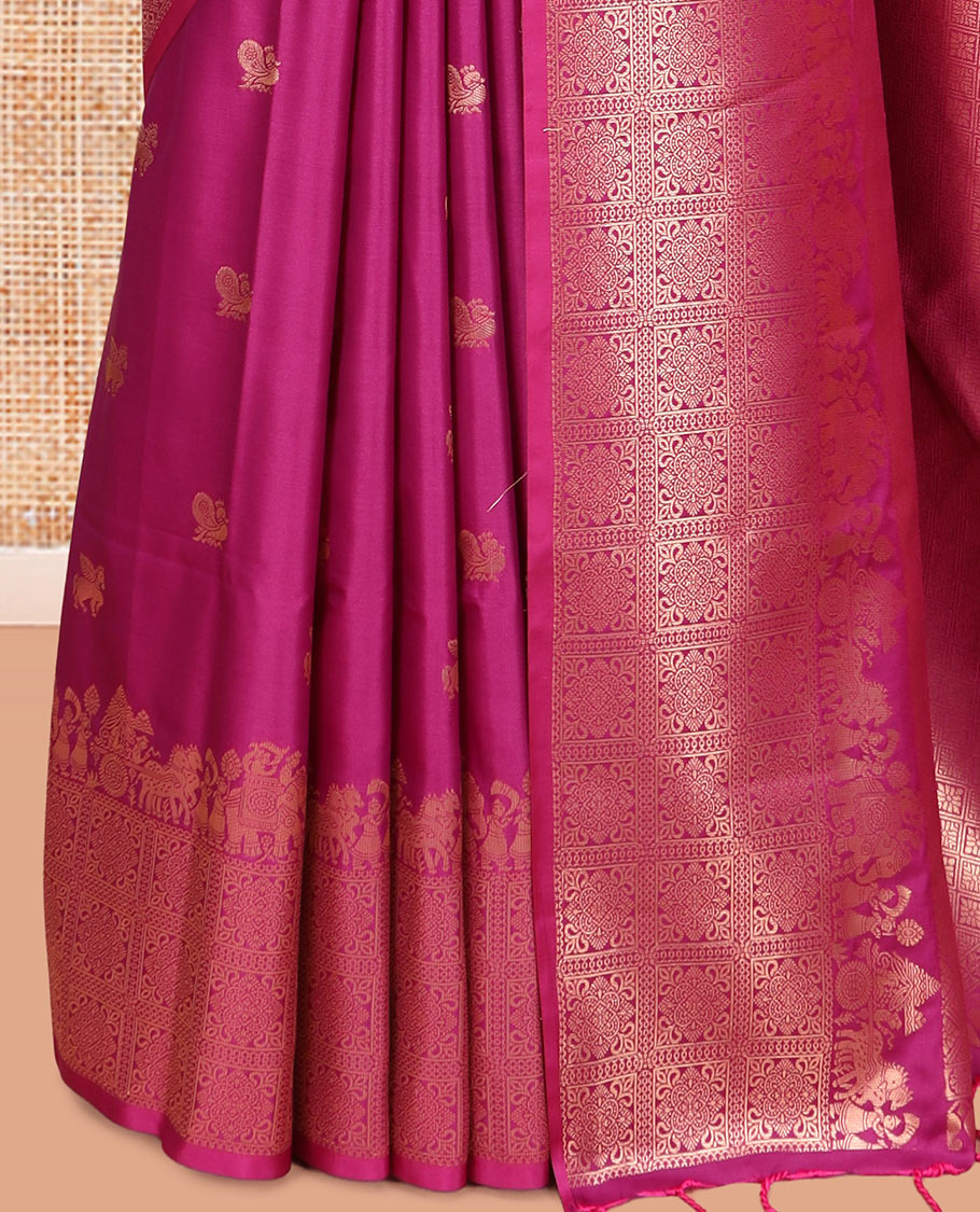 Magenta Soft Silk Saree, Decorated with Horse-Peacock Buttas, a Zari Border, Jaal Pallu, and a Matching Blouse