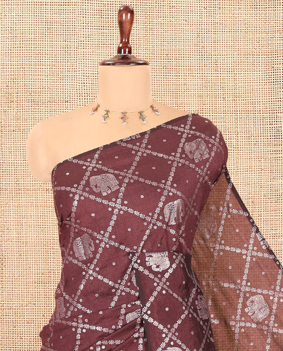 Borderless Dark Maroon Vichitra Silk Saree Features Elephant Butta Enclosed Jaal Design, a Self-Pallu, and No Blouse