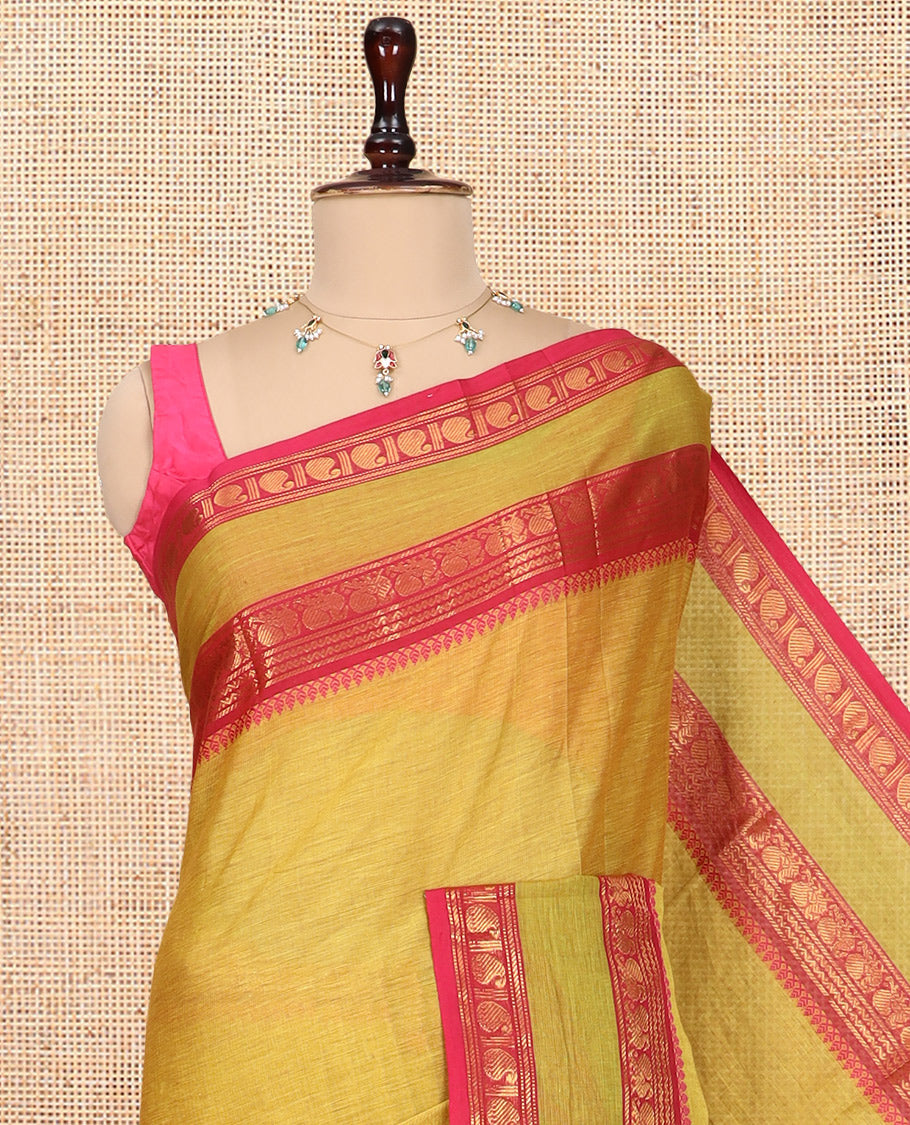 Lemon Yellow Plain Chettinad Cotton Saree, a Contrast Traditional Thread Rettai Pettu Border, Striped Pallu, a Matching Blouse