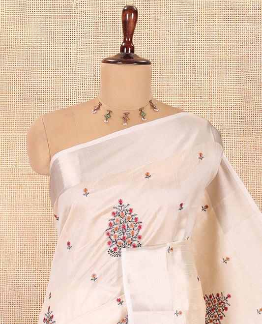 Cream Tree Embroidered Semi-Tussar Saree, a Zari Border,  Matching Blouse