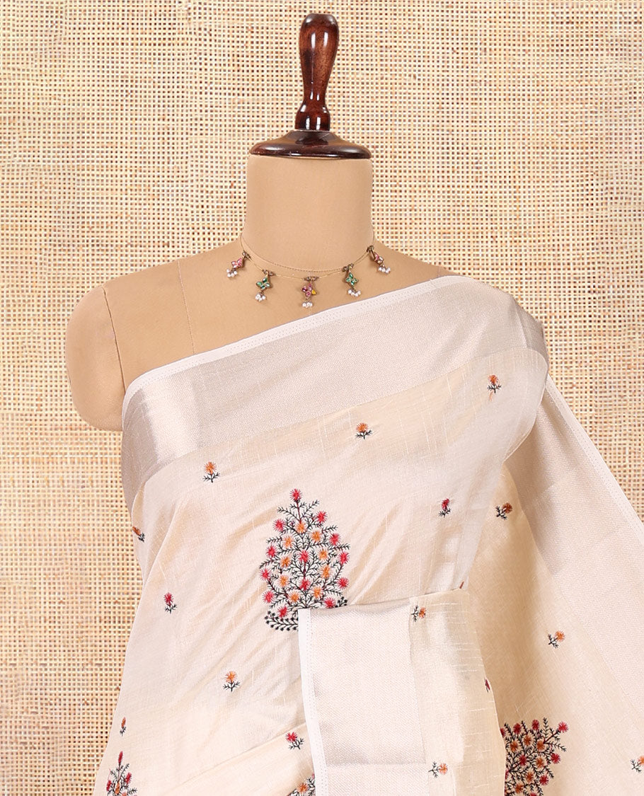 Cream Tree Embroidered Semi-Tussar Saree, a Zari Border,  Matching Blouse