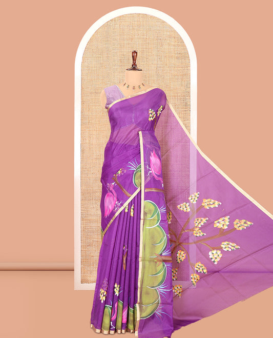 Violet Kota Chex Saree, Ornamented with Tree and Bird Print, a Piping Border, Pallu of Tree Motifs, and a Matching Blouse