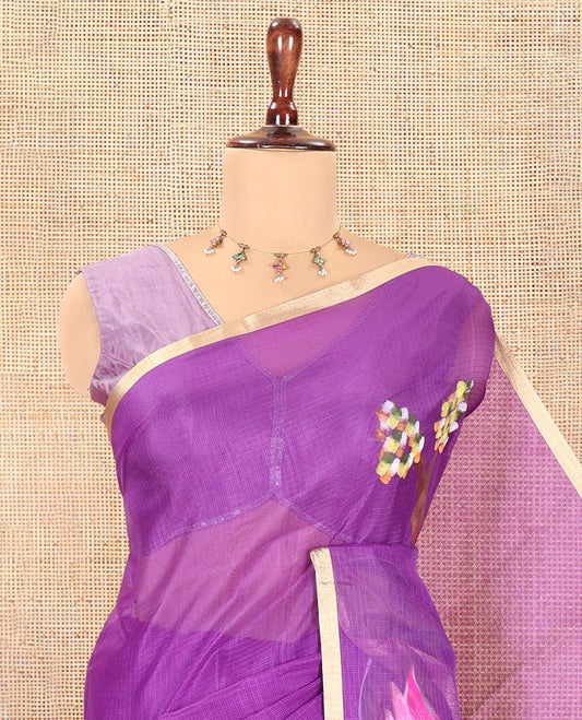 Violet Kota Chex Saree, Ornamented with Tree and Bird Print, a Piping Border, Pallu of Tree Motifs, and a Matching Blouse