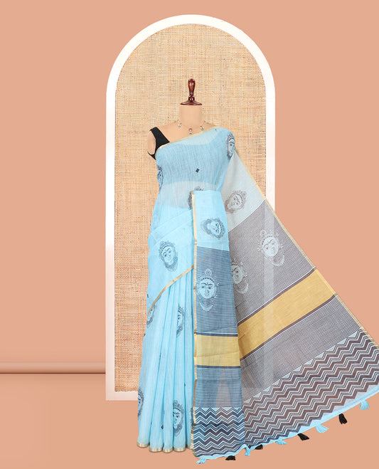 Borderless Blue Linen Cotton Saree, Beautified with Face Print, Contrast Pallu of Chevron Stripes and Face Print, a Contrast Blouse