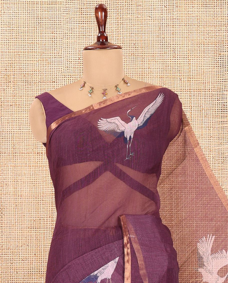 Borderless Wine Linen Cotton Saree, Adorned with Crane Motifs Print, and a Matching Blouse
