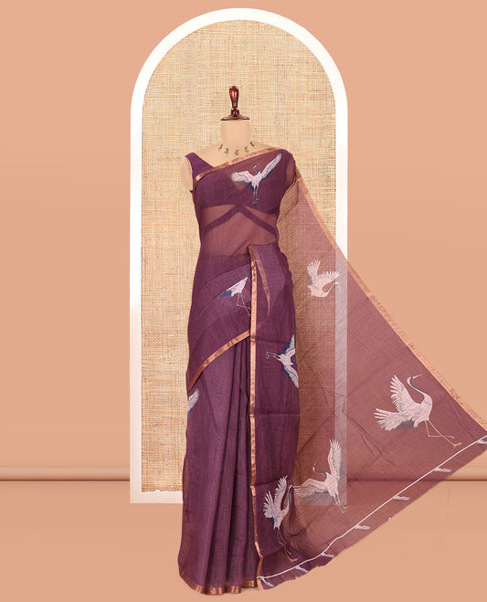 Borderless Wine Linen Cotton Saree, Adorned with Crane Motifs Print, and a Matching Blouse