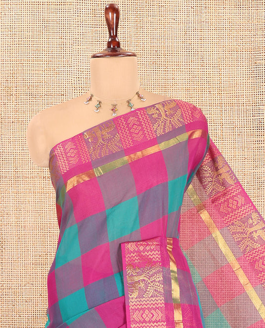 Multi-Color Checked Chettinad Cotton Saree, a Traditional Zari Border, Subtle Pallu, and No Blouse