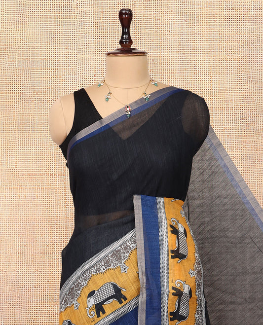Black Plain Linen Cotton Saree, a Contrast Elephant Motif Border, Elephant Printed Pallu, a Contrast Elephant Printed Blouse