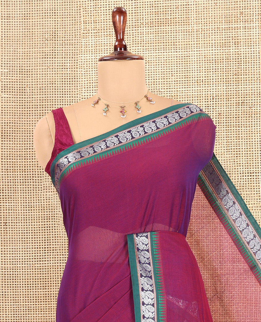 Purple Plain Mercerized Cotton Saree, a Contrast Peacock Temple Thread Border, Striped Pallu, and a Matching Blouse