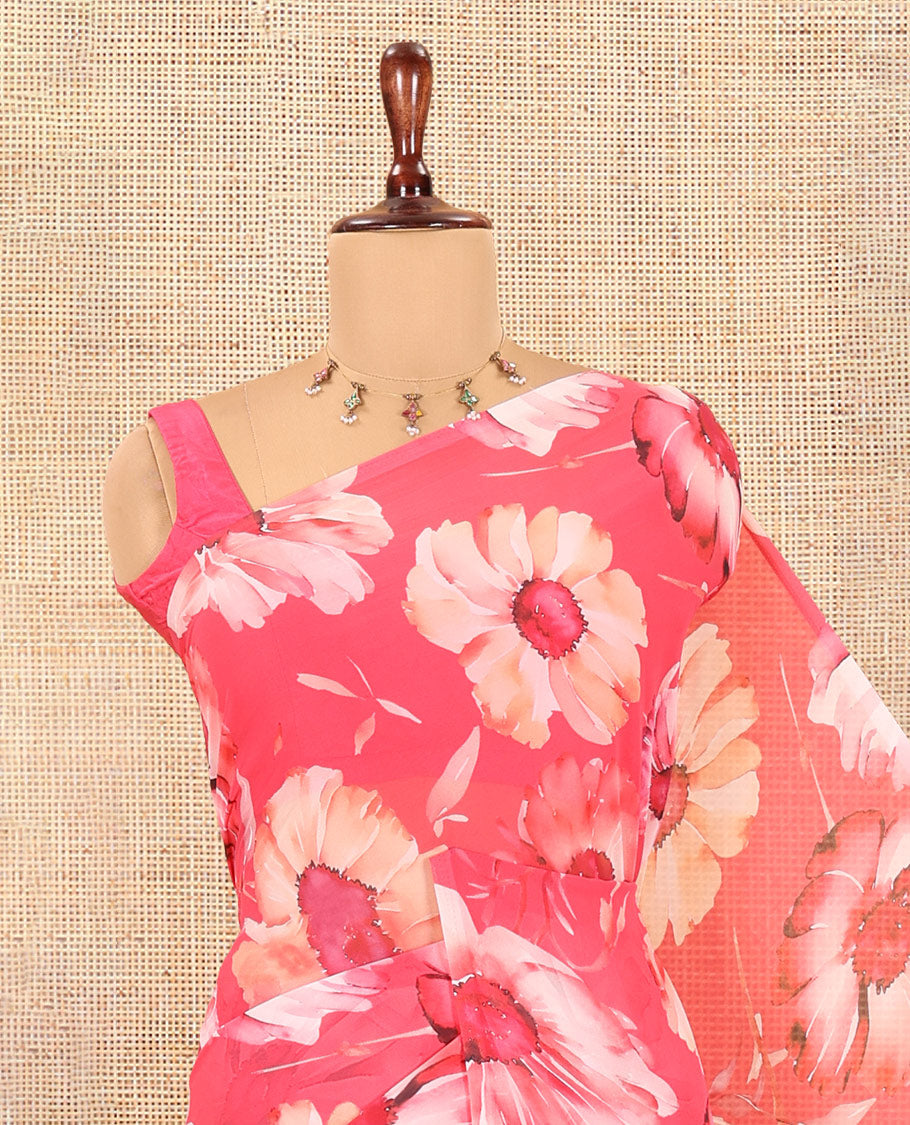Borderless Rani Pink Chiffon Saree, Accentuated with Floral Motif Print, a Self-Pallu, and No Blouse