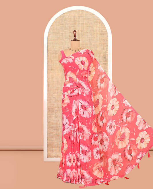 Borderless Rani Pink Chiffon Saree, Accentuated with Floral Motif Print, a Self-Pallu, and No Blouse
