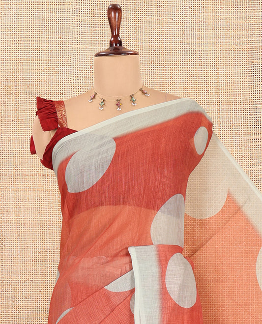 Rust Orange Linen Cotton Saree, Subtly Sparkled with Polka Dot Buttas, a Contrast Border, a Contrast Blouse