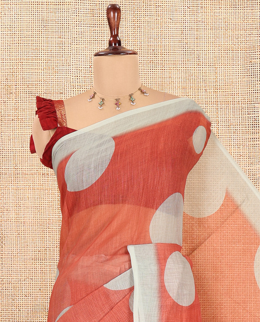 Rust Orange Linen Cotton Saree, Subtly Sparkled with Polka Dot Buttas, a Contrast Border, a Contrast Blouse