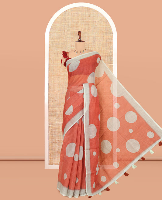 Rust Orange Linen Cotton Saree, Subtly Sparkled with Polka Dot Buttas, a Contrast Border, a Contrast Blouse