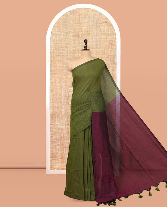 Borderless Olive-Green Plain Design Khadi Cotton Saree