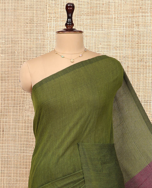 Borderless Olive-Green Plain Design Khadi Cotton Saree